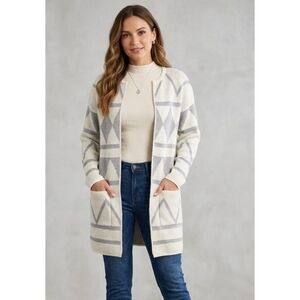 Loft Factory Longline Open Front Cardigan Sweater White & Gray Size XS